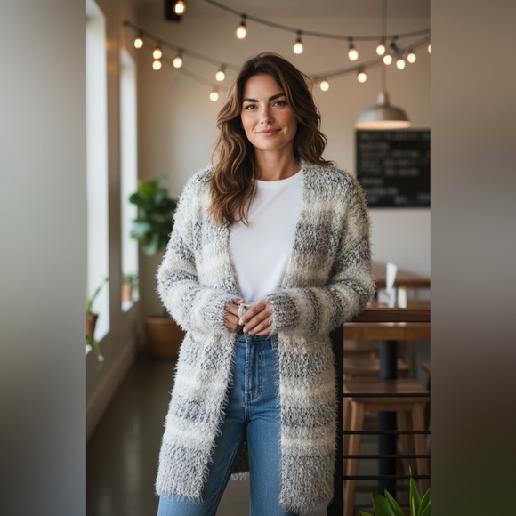 Absolutely Famous Fuzzy Gray and White Cardigan - Picture 2 of 8